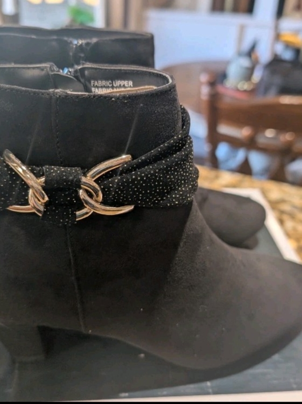 KAREN SCOTT Womens Black Embellin's Black Ankle Boots with Gold Chain Accent